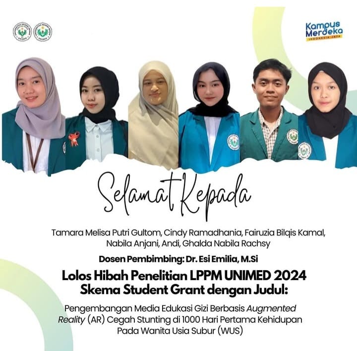 Lolos Hibah Penelitian LPPM UNIMED 2024  Skema Student Grant dengan Judul:  Pengembangan Media Edukasi Gizi Berbasis Augmented Reality (AR) Cegah Stunting di 1000 Hari Pertama Kehidupan Pada Wanita Usia Subur (WUS)